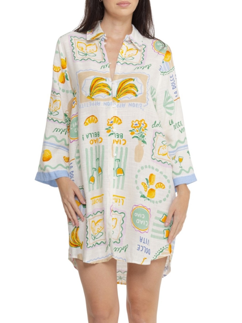 Label of Love Limone Border Cover-Up Shirt Dress - Long Sleeve Women’s SZ XL